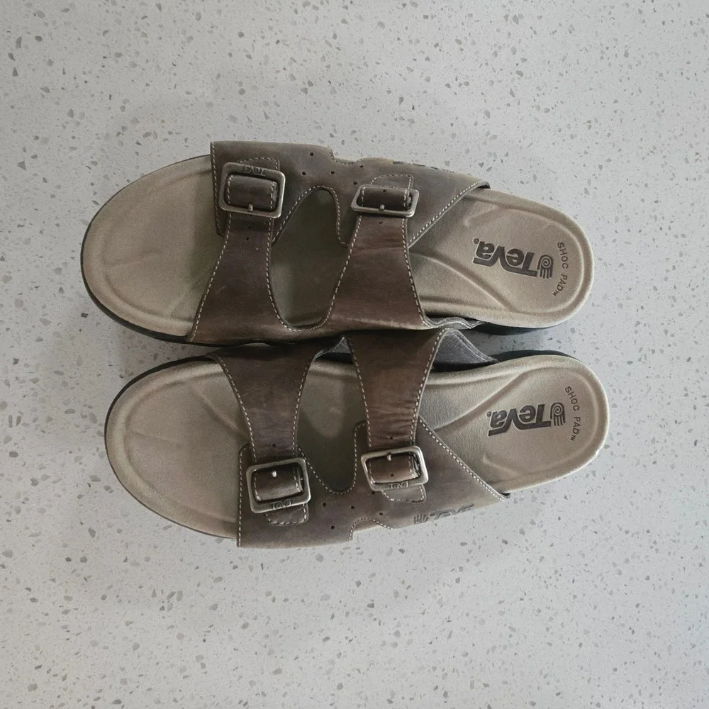 Teva Mens Sandals 14 Lodo Brown Leather Double Buckle Slide 6545 Shoc Pad
